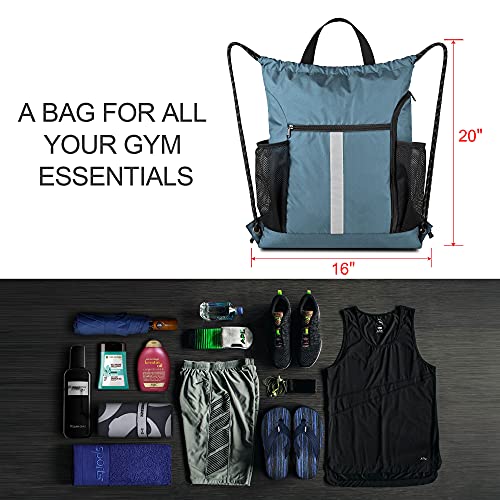 BeeGreen Blue Sport Cinch Bag String Backpack with Shoe Compartment and Two Side Mesh Pockets Machine Washable Sturdy Gymsack Drawstring Sackpack - Image 3