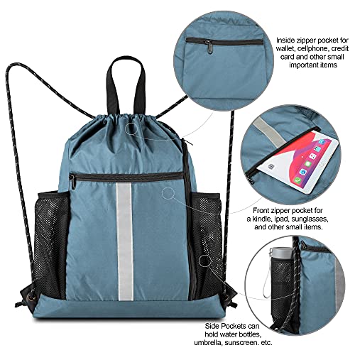 BeeGreen Blue Sport Cinch Bag String Backpack with Shoe Compartment and Two Side Mesh Pockets Machine Washable Sturdy Gymsack Drawstring Sackpack - Image 5