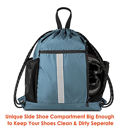 BeeGreen Blue Sport Cinch Bag String Backpack with Shoe Compartment and Two Side Mesh Pockets Machine Washable Sturdy Gymsack Drawstring Sackpack - Image 2