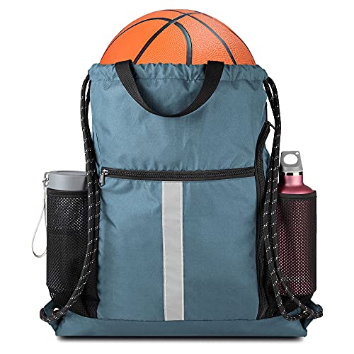 BeeGreen Blue Sport Cinch Bag String Backpack with Shoe Compartment and Two Side Mesh Pockets Machine Washable Sturdy Gymsack Drawstring Sackpack - Image 1