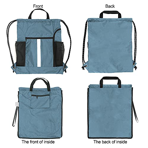 BeeGreen Blue Sport Cinch Bag String Backpack with Shoe Compartment and Two Side Mesh Pockets Machine Washable Sturdy Gymsack Drawstring Sackpack - Image 4