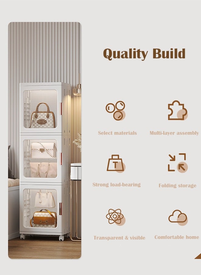 Generic 4 Tier Kitchen Storage Cabinet Bathroom Storage Bins with Adjustable Shelves Foldable Storage Box with Transparent Doors and Wheels Stackable Storage Cabinet Kids Wardrobe for Small Space, Bathroom, Kitchen - Image 3