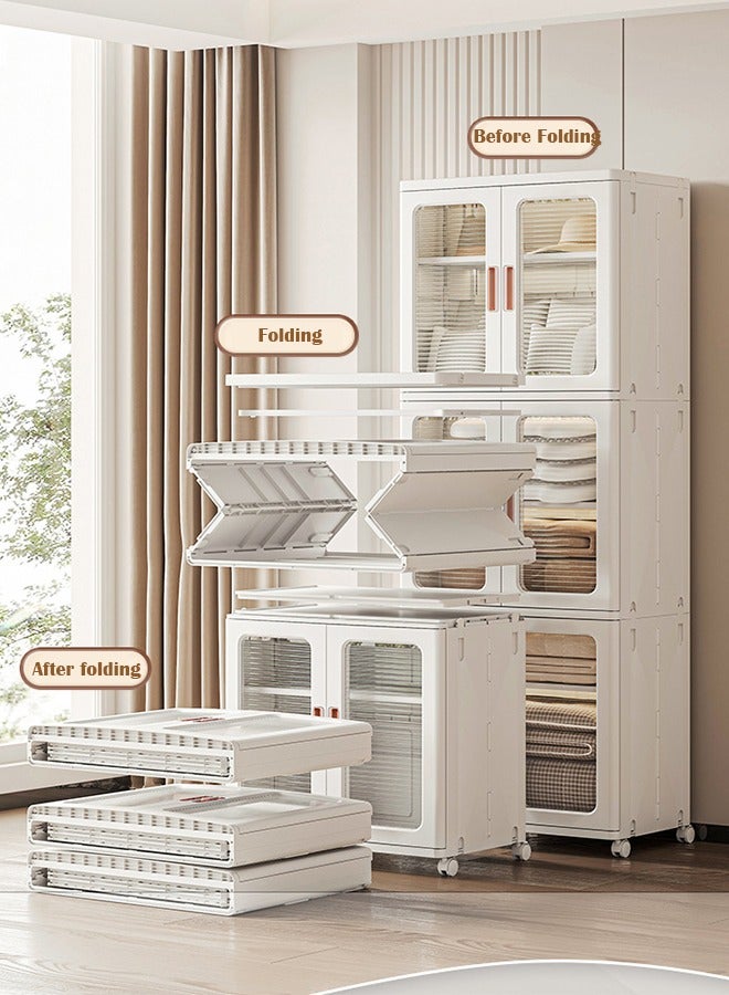 Generic 4 Tier Kitchen Storage Cabinet Bathroom Storage Bins with Adjustable Shelves Foldable Storage Box with Transparent Doors and Wheels Stackable Storage Cabinet Kids Wardrobe for Small Space, Bathroom, Kitchen - Image 4