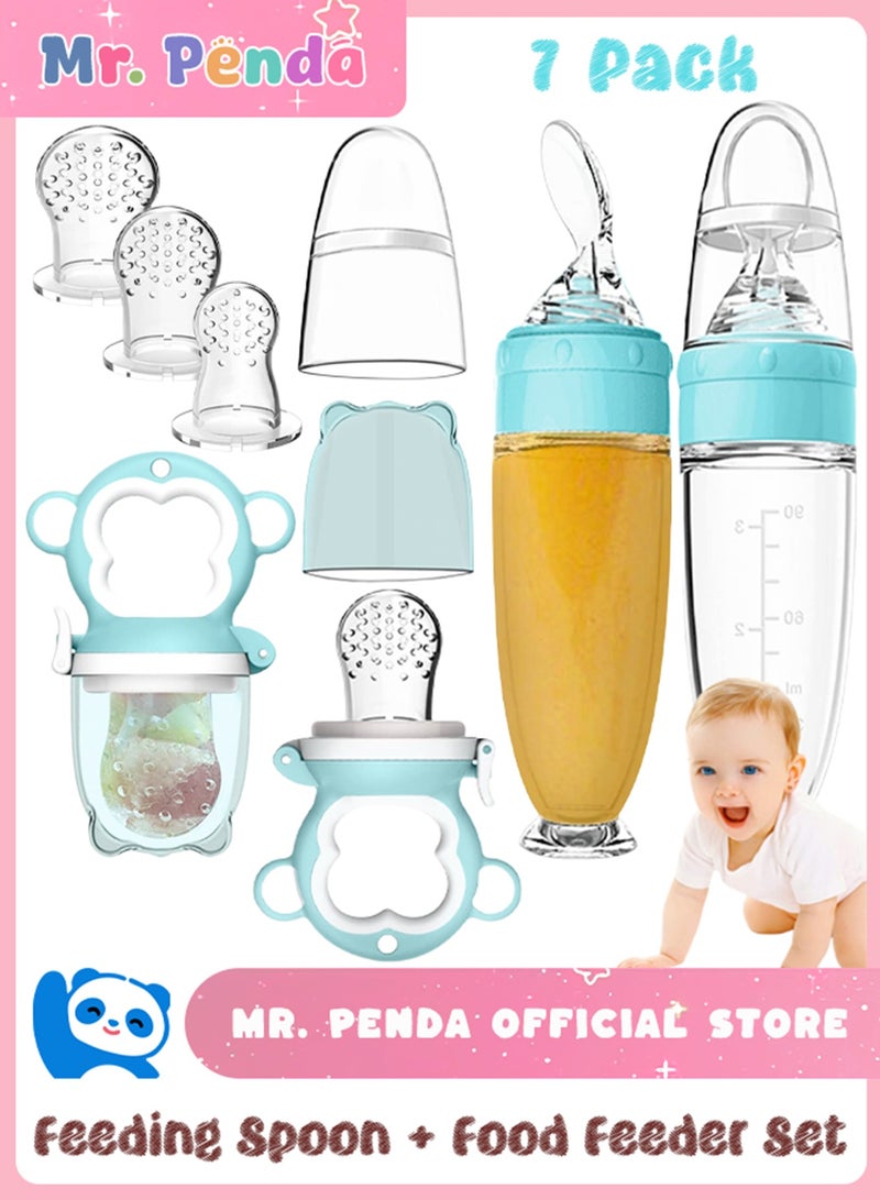 Mr. Penda 7 Pack Baby Food Feeder Set, include 2 Baby Food Dispensing Spoon, 2 Baby Food Feeder, 3 Different Sized Silicone Teething Pacifiers, Baby Fruit Feeder (Blue) - Image 1