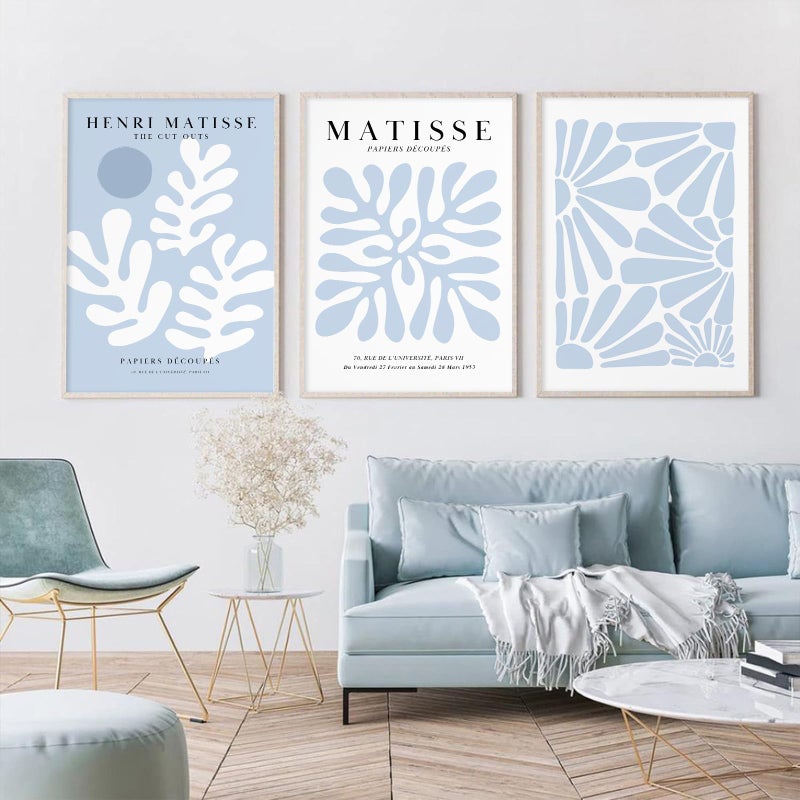 Baccone Henri Matisse Wall Art Prints مجموعة من 3 زرقاء مجردة Matisse Canvas Decor - Image 3
