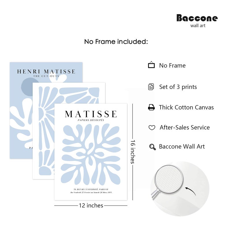 Baccone Henri Matisse Wall Art Prints مجموعة من 3 زرقاء مجردة Matisse Canvas Decor - Image 2