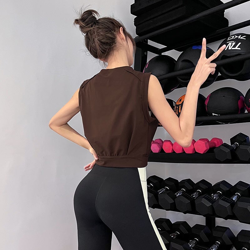 Generic Sleeveless Sporty Yoga Crop Top Breathable Running Tank for Women Khaki  - Image 2