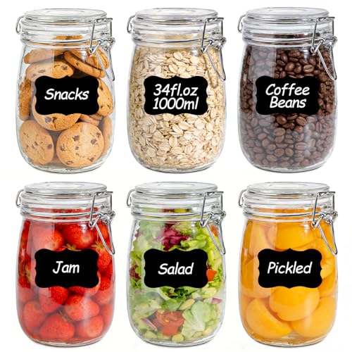 KTMAMA 34oz 6 Pack Glass Jars with Airtight Lids - Round Food Storage Canisters for Pantry Organization, Ideal for Sugar, Cookies, Candy, Coffee, Nuts & Dry Goods | Thick Glass,BPA-Free - Image 1