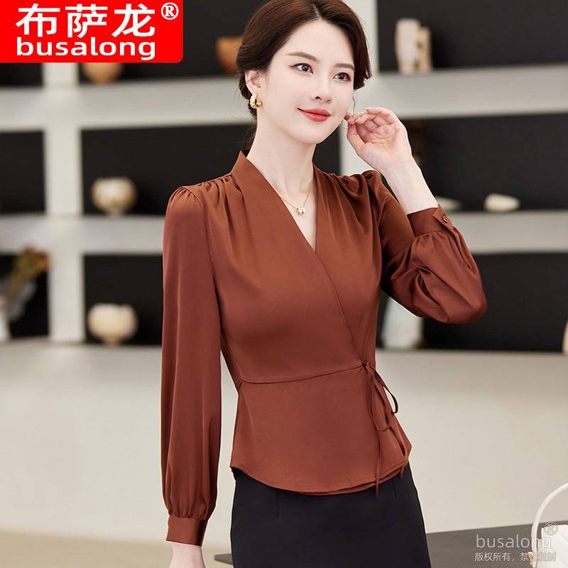 New Korean long sleeve shirt womens inch shirt professional slim work clothes plus size formal 858 Wine Red Shirt 
