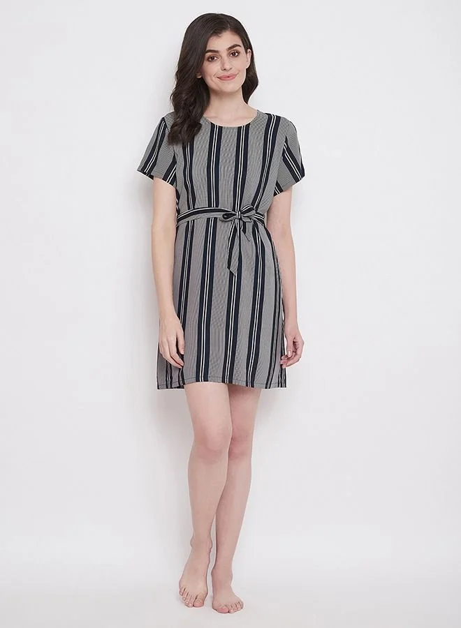 Clovia Clovia Sassy Stripes Short Night Dress in Black - Rayon
