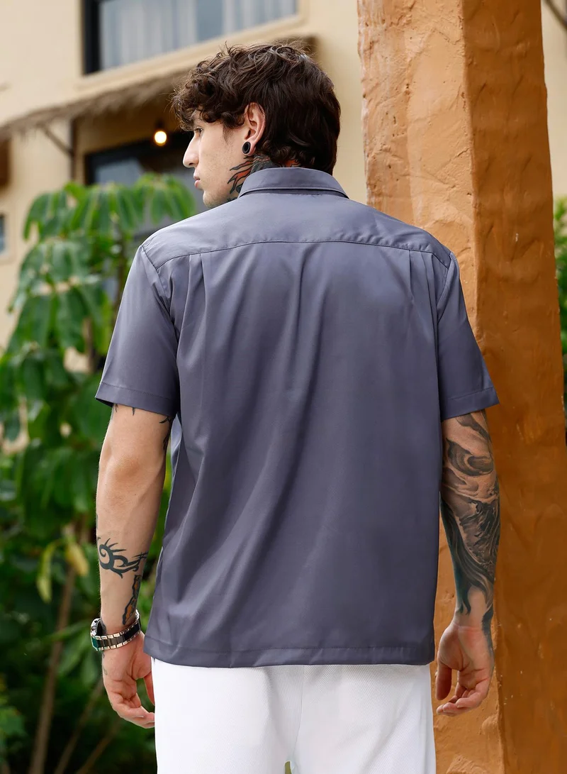 Campus Sutra Campus Sutra Men Solid-Satin Oversized Shirt | Spread Collar Short Regular Sleeves | Button Closure Straight Hem | Solid Plain | Woven Fabric For Casual & Daily Wear | Moon Grey