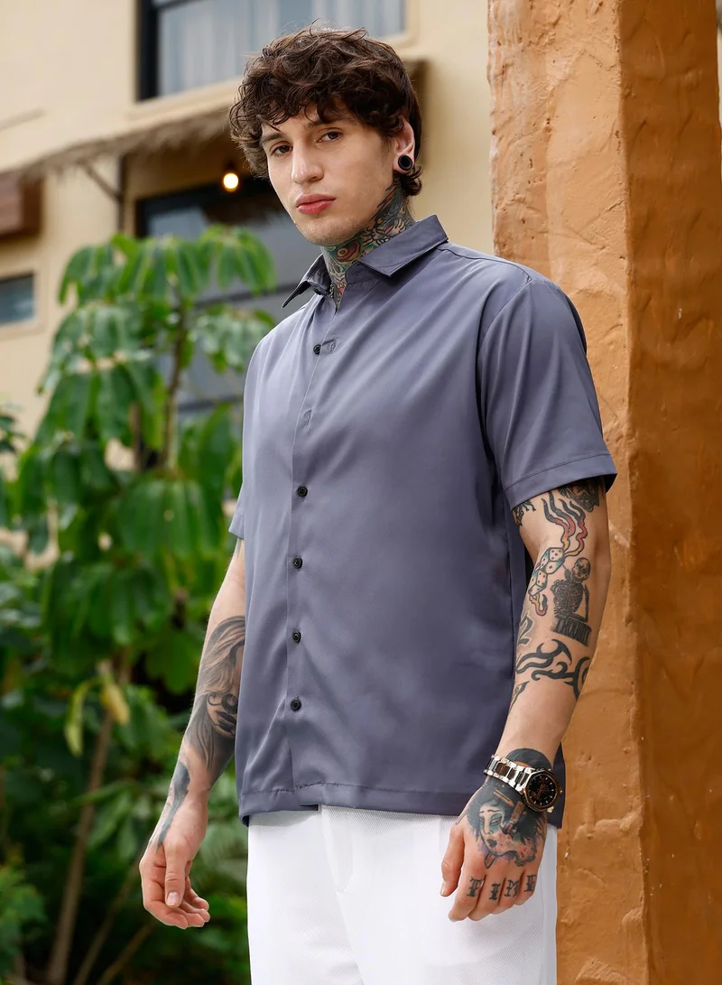Campus Sutra Campus Sutra Men Solid-Satin Oversized Shirt | Spread Collar Short Regular Sleeves | Button Closure Straight Hem | Solid Plain | Woven Fabric For Casual & Daily Wear | Moon Grey