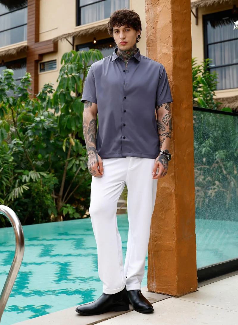 Campus Sutra Campus Sutra Men Solid-Satin Oversized Shirt | Spread Collar Short Regular Sleeves | Button Closure Straight Hem | Solid Plain | Woven Fabric For Casual & Daily Wear | Moon Grey