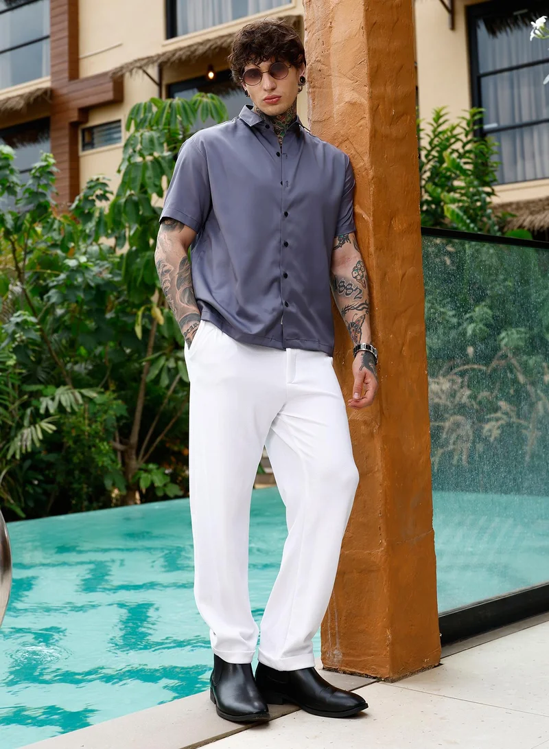 Campus Sutra Campus Sutra Men Solid-Satin Oversized Shirt | Spread Collar Short Regular Sleeves | Button Closure Straight Hem | Solid Plain | Woven Fabric For Casual & Daily Wear | Moon Grey