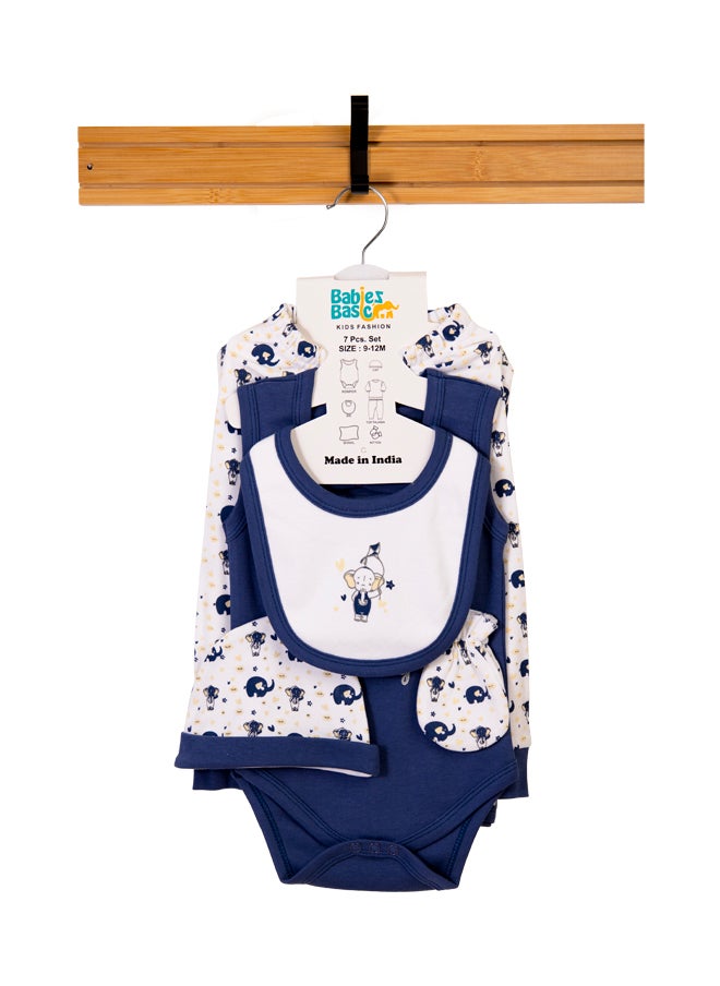Babies Basic 7 Piece Unisex 100% Cotton Gift Set Include Bib, Blanket, Mitten, Cap, Romper, Top And Bottom Set, Blue  - Image 1