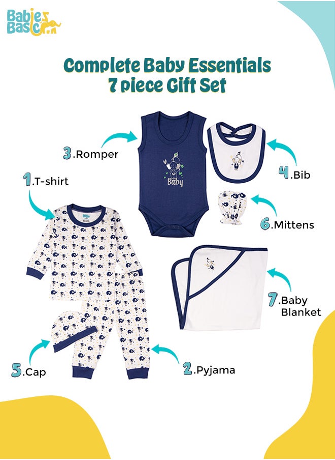 Babies Basic 7 Piece Unisex 100% Cotton Gift Set Include Bib, Blanket, Mitten, Cap, Romper, Top And Bottom Set, Blue  - Image 3