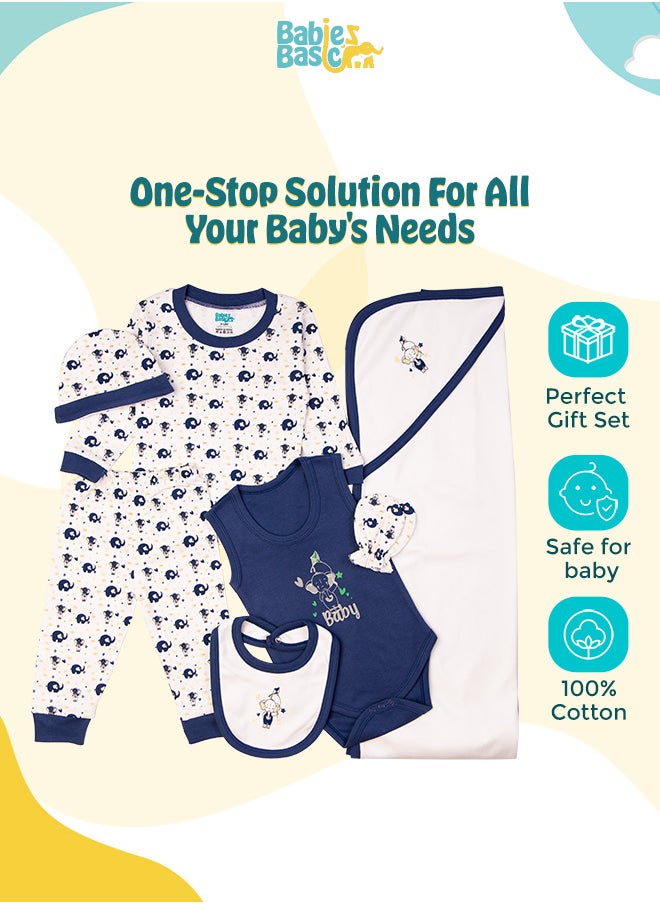 Babies Basic 7 Piece Unisex 100% Cotton Gift Set Include Bib, Blanket, Mitten, Cap, Romper, Top And Bottom Set, Blue  - Image 2