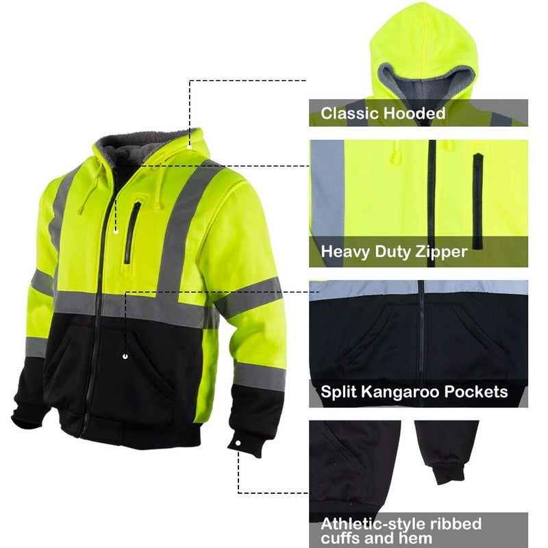 VENDACE Men's ANSI Class 3 High Vis Safety Reflective Sweatshirt Wool Fleece Zipper Jacket Hoodie with Black Bottom(Yellow,2XL) - Image 4