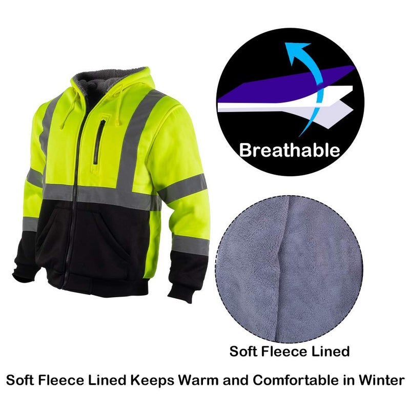VENDACE Men's ANSI Class 3 High Vis Safety Reflective Sweatshirt Wool Fleece Zipper Jacket Hoodie with Black Bottom(Yellow,2XL) - Image 5