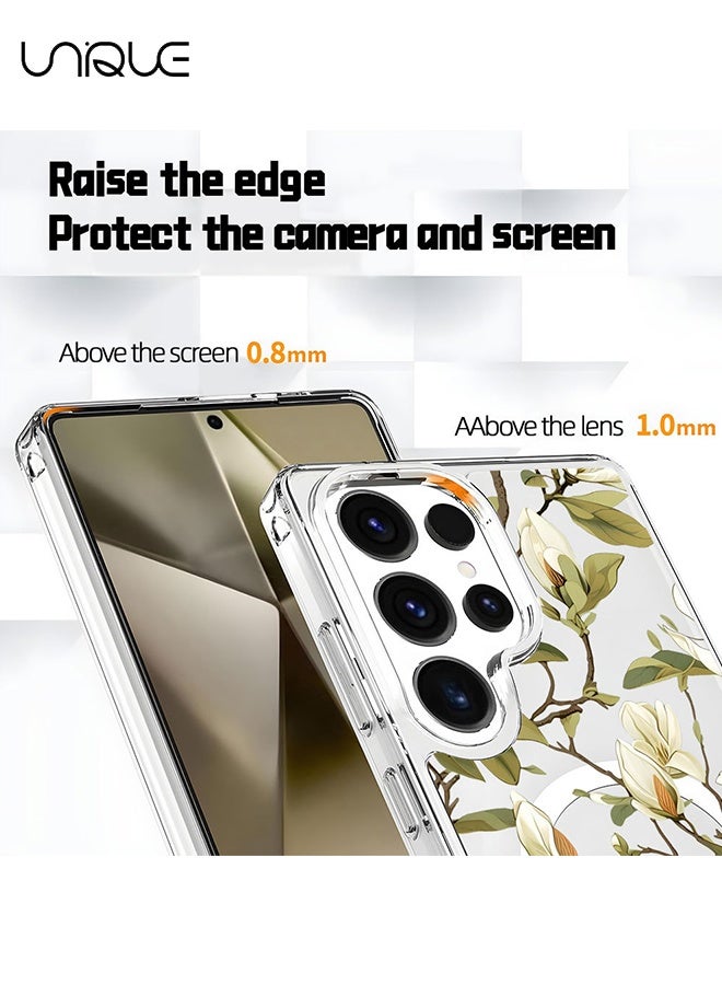 يونيك متوافق مع أغلفة سامسونج جالكسي S25 ألترا - غطاء شفاف مغناطيسي متوافق مع MagSafe بنقشة زهور، مقاوم للصدمات من البلاستيك الصلب وناعم من TPU، نحيف وخفيف للفتيات والنساء، زهرة بيضاء - Image 3