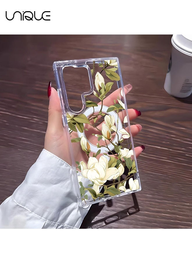 يونيك متوافق مع أغلفة سامسونج جالكسي S25 ألترا - غطاء شفاف مغناطيسي متوافق مع MagSafe بنقشة زهور، مقاوم للصدمات من البلاستيك الصلب وناعم من TPU، نحيف وخفيف للفتيات والنساء، زهرة بيضاء - Image 4