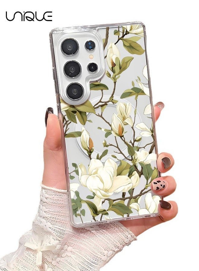 يونيك متوافق مع أغلفة سامسونج جالكسي S25 ألترا - غطاء شفاف مغناطيسي متوافق مع MagSafe بنقشة زهور، مقاوم للصدمات من البلاستيك الصلب وناعم من TPU، نحيف وخفيف للفتيات والنساء، زهرة بيضاء - Image 1