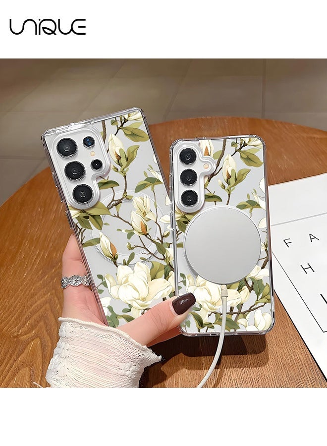 يونيك متوافق مع أغلفة سامسونج جالكسي S25 ألترا - غطاء شفاف مغناطيسي متوافق مع MagSafe بنقشة زهور، مقاوم للصدمات من البلاستيك الصلب وناعم من TPU، نحيف وخفيف للفتيات والنساء، زهرة بيضاء - Image 5