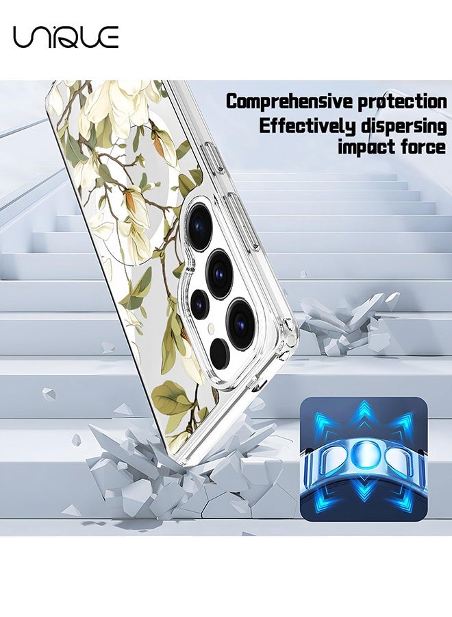 يونيك متوافق مع أغلفة سامسونج جالكسي S25 ألترا - غطاء شفاف مغناطيسي متوافق مع MagSafe بنقشة زهور، مقاوم للصدمات من البلاستيك الصلب وناعم من TPU، نحيف وخفيف للفتيات والنساء، زهرة بيضاء - Image 2