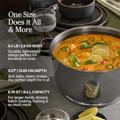 Our Place Titanium Perfect Pot Pro - 6.75 Qt No-Coating Nonstick Stock Pot | Tri-Ply Titanium & Stainless Steel | Oven-Safe up to 1000°F & Compatible with All Cooktops | Includes Spoon | Chrome - Image 5