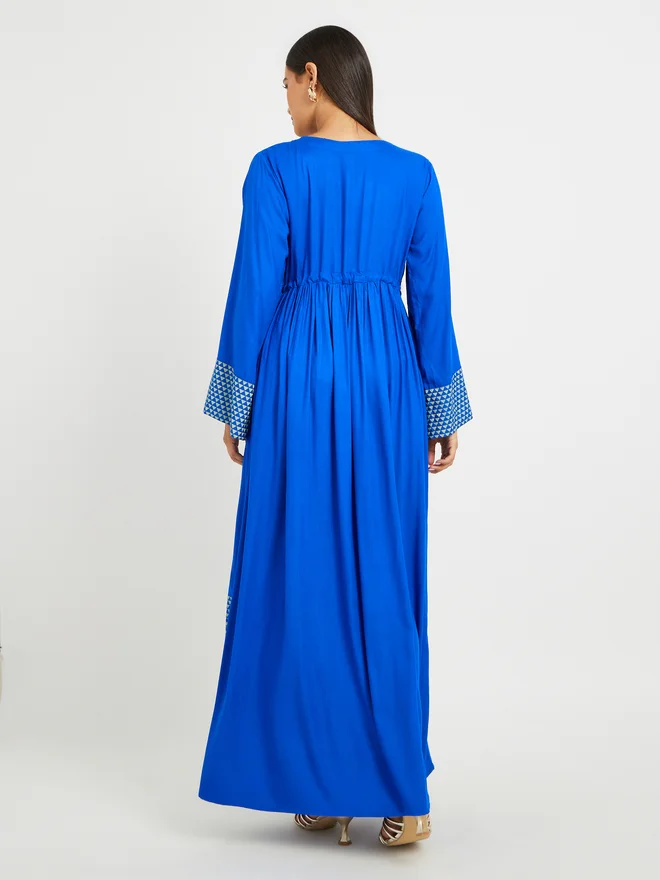 Maxim Creation Maxim Creation Blue Geometric Print Embroidered Yoke Jalabiya