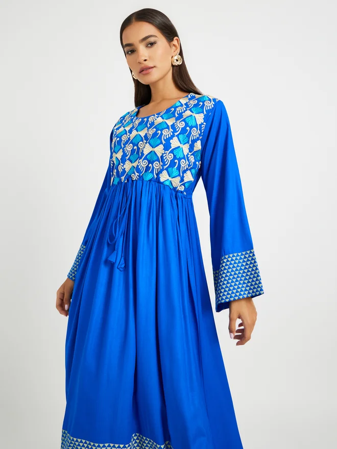 Maxim Creation Maxim Creation Blue Geometric Print Embroidered Yoke Jalabiya
