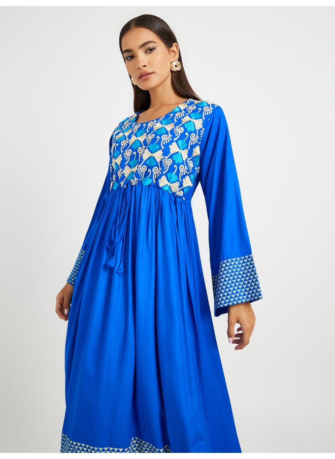 Maxim Creation Maxim Creation Blue Geometric Print Embroidered Yoke Jalabiya  - Image 3