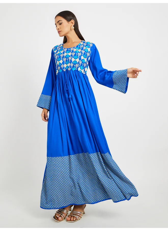 Maxim Creation Maxim Creation Blue Geometric Print Embroidered Yoke Jalabiya