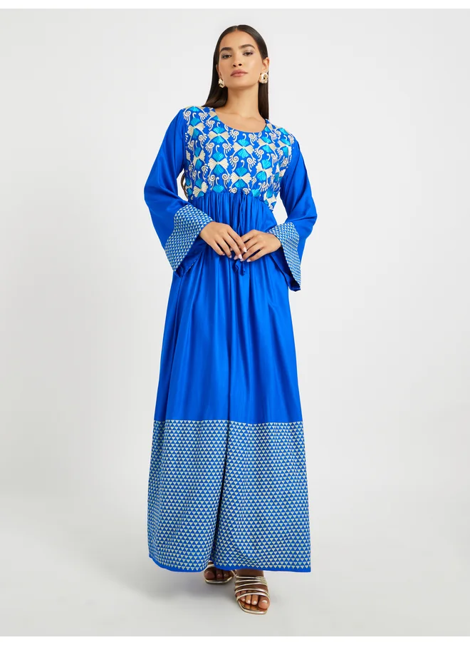 Maxim Creation Maxim Creation Blue Geometric Print Embroidered Yoke Jalabiya