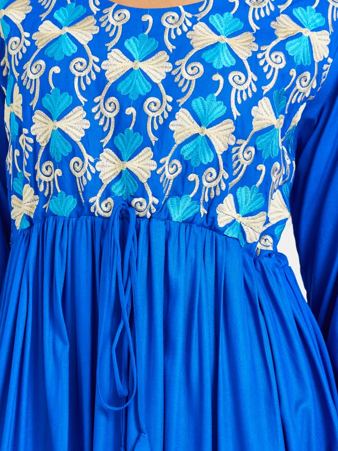 Maxim Creation Maxim Creation Blue Geometric Print Embroidered Yoke Jalabiya