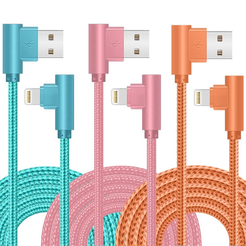 Exeric Lightning Charger, 3 Pack 6FT 90 Degree Charging Cable MFi Certified USB Lightning Cable Nylon Braided Fast Charging Cord Compatible for iPhone 14/13/12/11/X/Max/8/7/6/6S/5/5S/SE/Plus/iPad (6FT) - Image 1