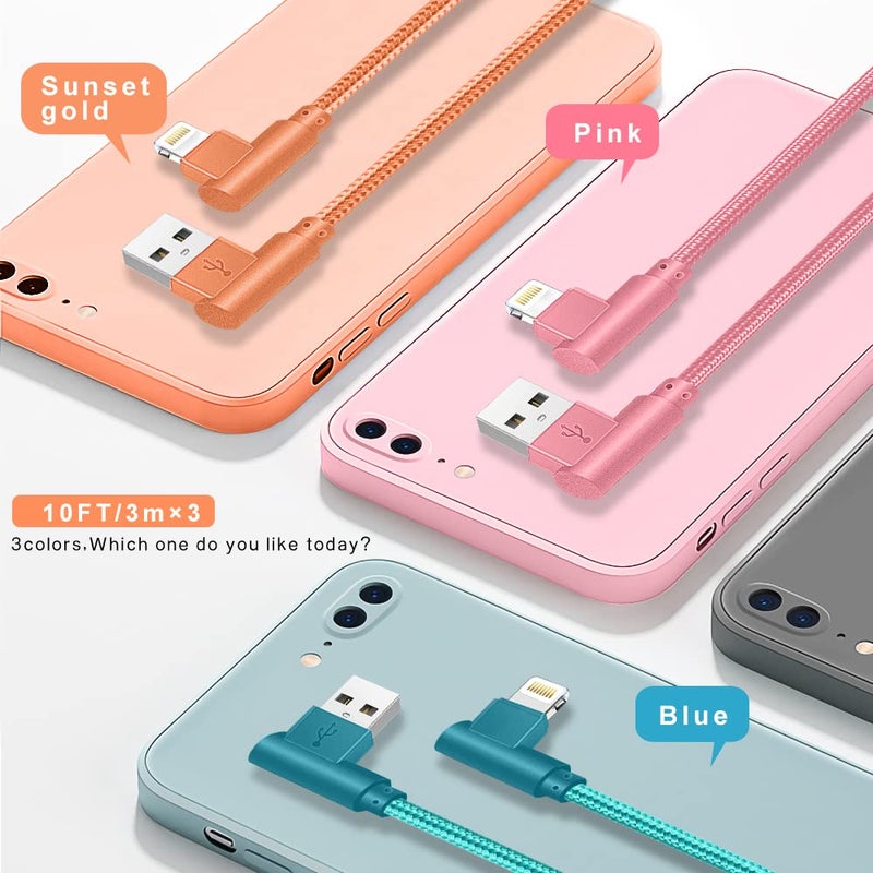 Exeric Lightning Charger, 3 Pack 6FT 90 Degree Charging Cable MFi Certified USB Lightning Cable Nylon Braided Fast Charging Cord Compatible for iPhone 14/13/12/11/X/Max/8/7/6/6S/5/5S/SE/Plus/iPad (6FT) - Image 2