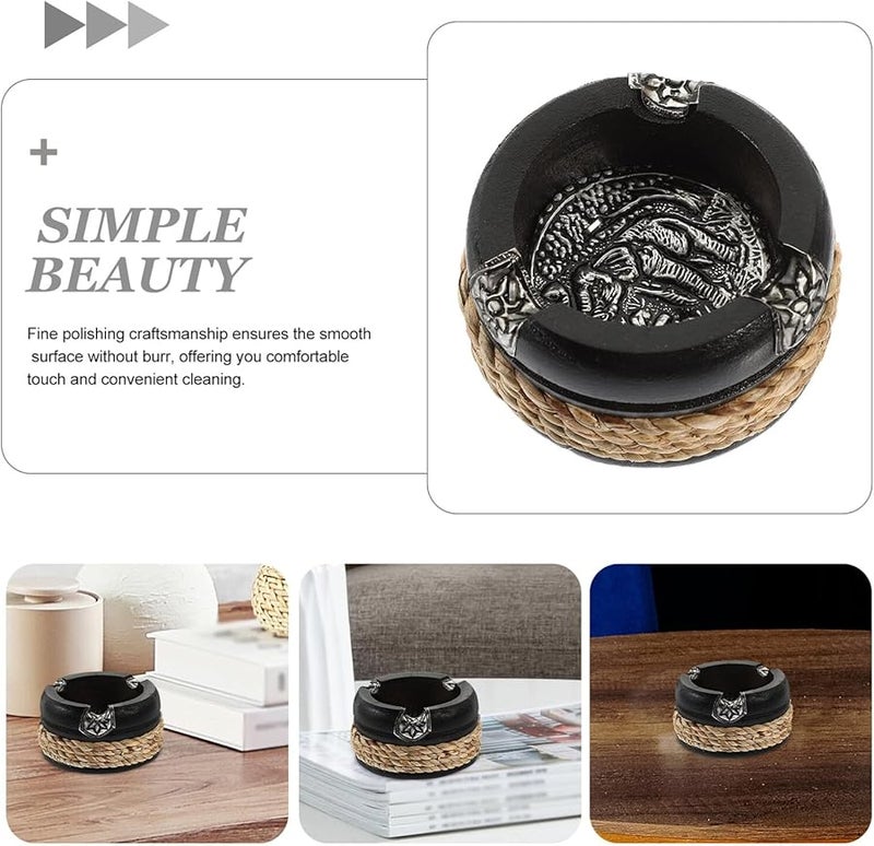 Dark Ash Wooden Vintage Ashtray Round Wear Resistant Home Office Bar Restaurant Decoration - Image 4