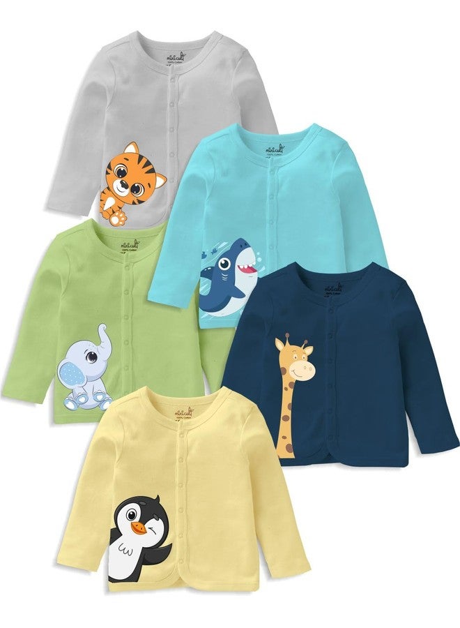 minicult Cotton Unisex Front Open Full Sleeve Regular Fit T-Shirt With Snap Buttons And Cute Prints Combo Pack, 12 Months-18 Months, Multicolor - Image 1