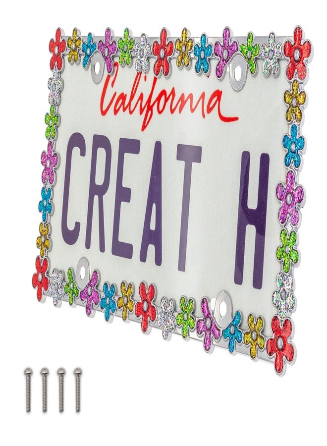 Creathome 3D Shining Daisy Wrenth License Plate Frame from Pure Zinc Alloy Metal Perfect Plate Holder, Chrome with Colorful Glitter - Image 2