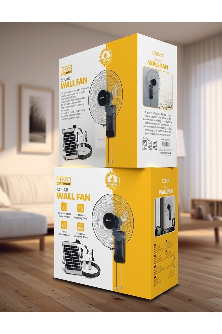 دينكس مروحة حائط طوارئ قابلة لإعادة الشحن بخمس شفرات تعمل بالتيار المتردد/المستمر، مروحة حائط قابلة للشحن بالطاقة الشمسية - Image 3