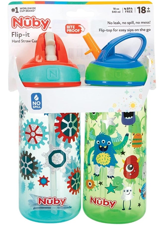 Nuby - Nuby 2 Pack Iridescent Flip-it Kids On-The-Go Printed Water Bottle with Bite Proof Hard Straw - Image 1