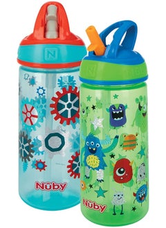 Nuby Nuby 2 Pack Iridescent Flip-it Kids On-The-Go Printed Water Bottle with Bite Proof Hard Straw  - Image 1