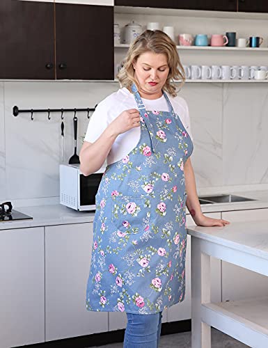 APRONNER Cotton Linen Baking Plus Size Aprons for Women with Pockets Kitchen Cooking 2X-3X Blue Flowers - Image 4