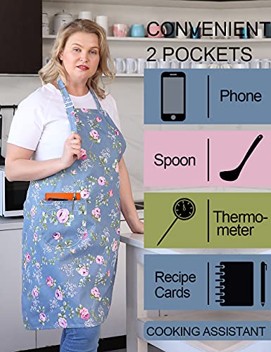 APRONNER Cotton Linen Baking Plus Size Aprons for Women with Pockets Kitchen Cooking 2X-3X Blue Flowers - Image 2