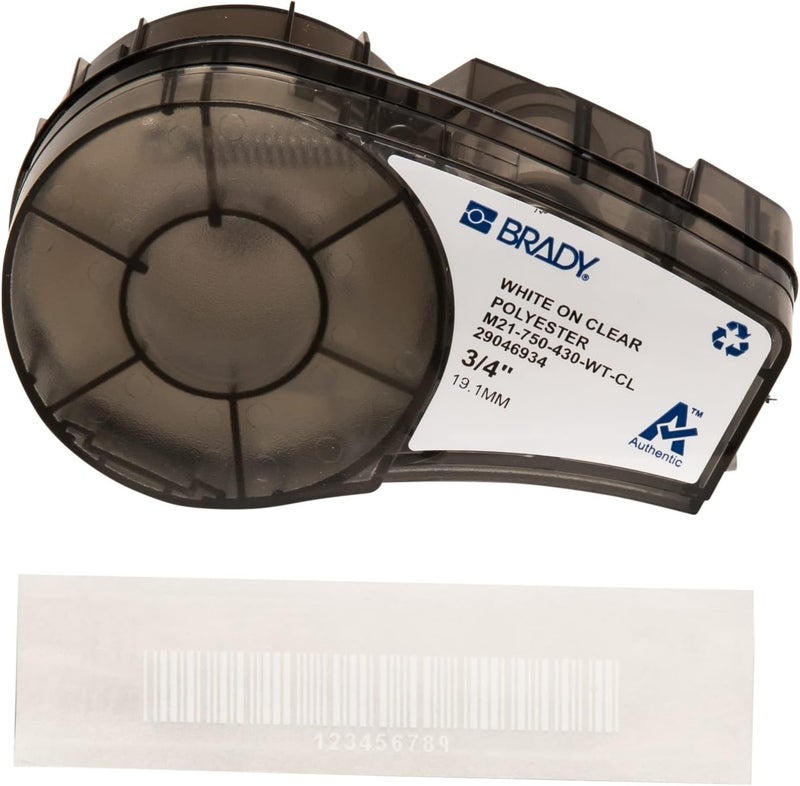 Brady Authentic (M21-750-430-WT-CL) Harsh Environment Polyester Label for Lab, Asset Tracking and Datacom, White on Clear- For M210, M210-LAB, M211, BMP21-PLUS and BMP21-LAB Printers, 0.75" W 21' L - Image 1