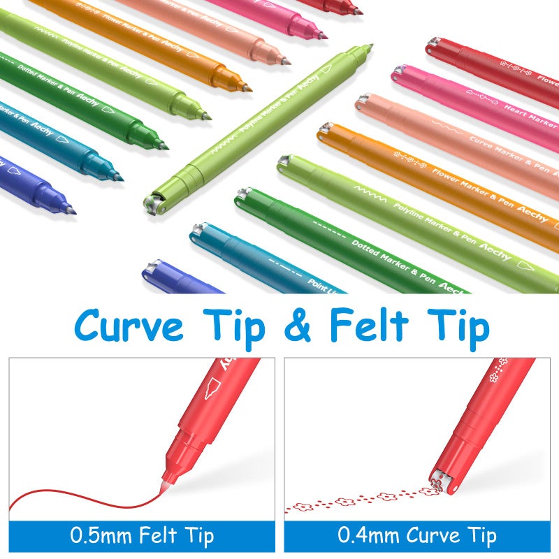 AECHY Curve highlighter pens for Note Taking, Dual Tip Pens with 6 Different Curve Shapes & 8 Colors Fine Lines, Colored Curve Flair Pen Set for Kids Journaling Scrapbook Note Taking Supplies(Rainbow) - Image 2