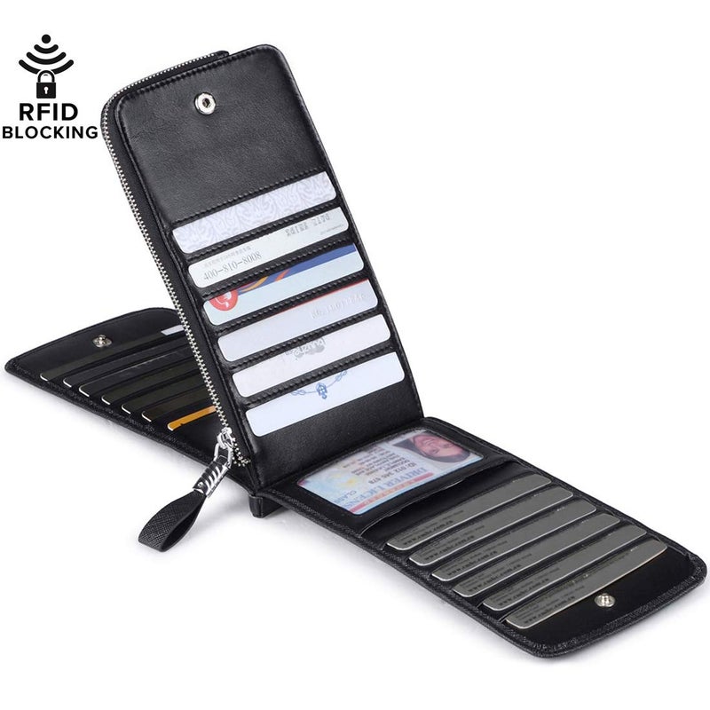 Huztencor Women's Credit Card Holder RFID Blocking Leather Multi Card Organizer Wallet Slim Long Zipper Bi-fold Business Card Case Clutch Wallet with ID Window Black (FBA) - Image 2