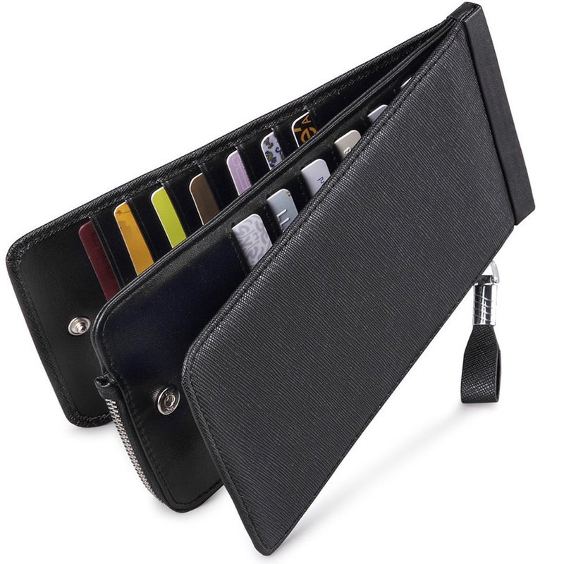 Huztencor Women's Credit Card Holder RFID Blocking Leather Multi Card Organizer Wallet Slim Long Zipper Bi-fold Business Card Case Clutch Wallet with ID Window Black (FBA) - Image 1