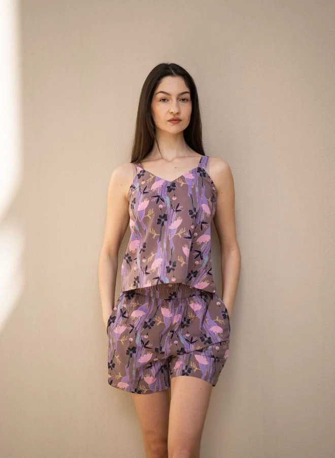 sanskrutihomes Pack of 3 - Floral Lapel Collar Cotton Shirt, Cami and Shorts Set